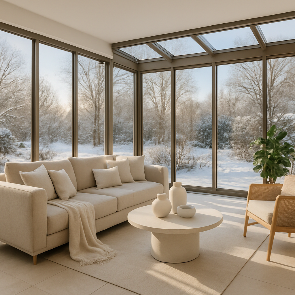 Gemütlicher Wintergarten mit großen Fenstern, hellem Sofa und runden Tisch, umgeben von winterlicher Landschaft.