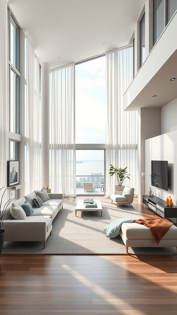 Ein modernes Wohnzimmer mit großen Fenstern, minimalistischen Möbeln und viel natürlichem Licht.