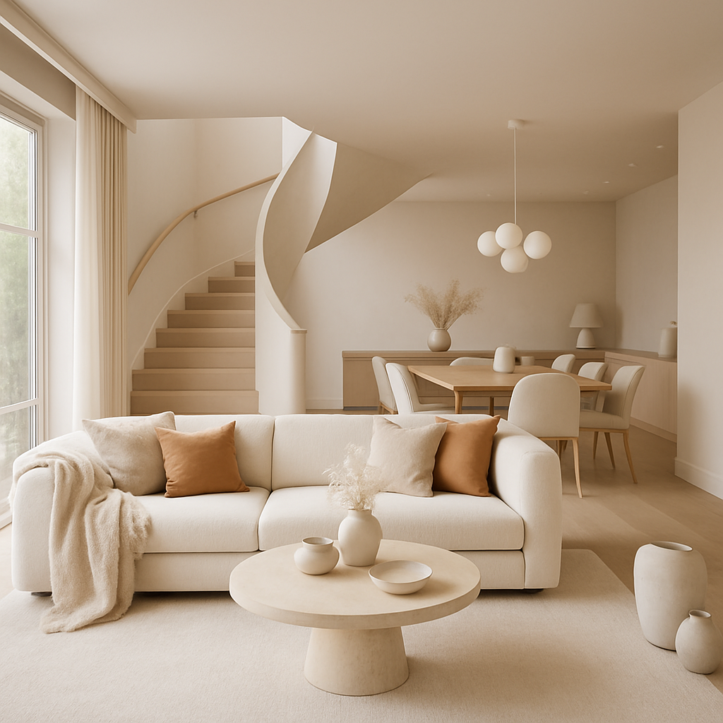 Modernes Wohnzimmer mit offener Grundrissgestaltung, helle Farben, gemütliches Sofa und Essbereich