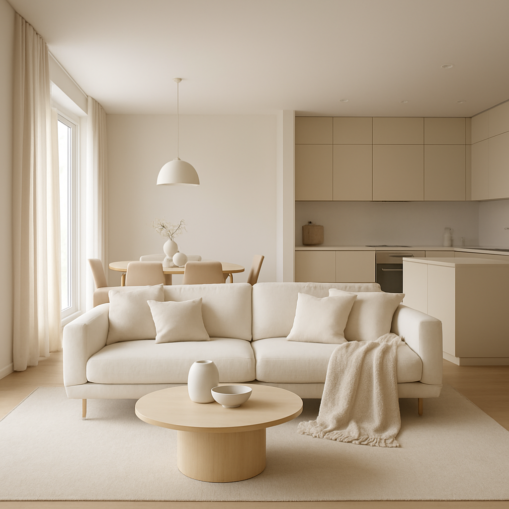 Modernes Wohnzimmer mit neutralen Farben und minimalistischer Einrichtung