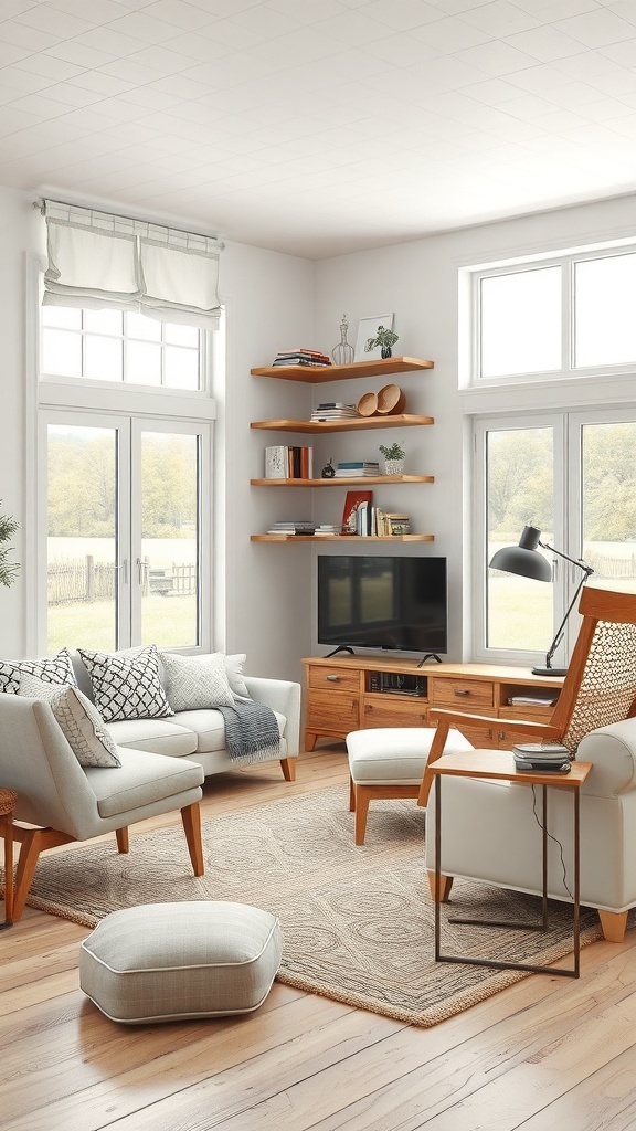 Modernes Wohnzimmer mit offenen Regalen im Bauernhausstil
