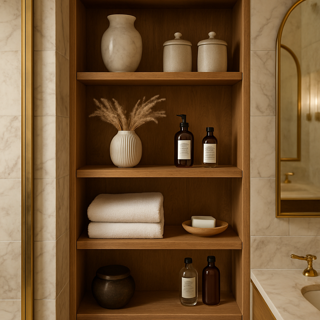 Modernes Badezimmer mit offenen Regalen, hellem Design und eleganten Details