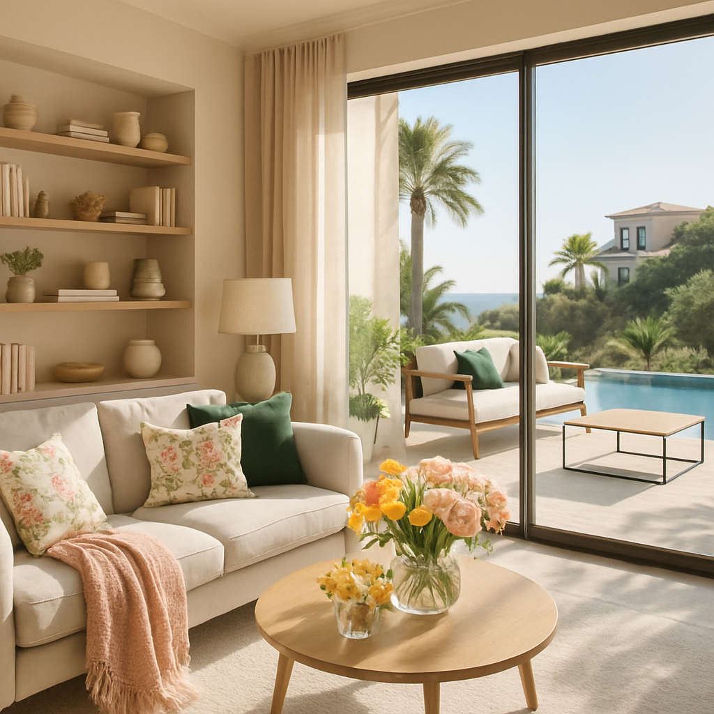 Helles Wohnzimmer mit offenem Regalsystem, dekoriert mit Vasen und Büchern, großen Fenstern und Blick auf den Garten.