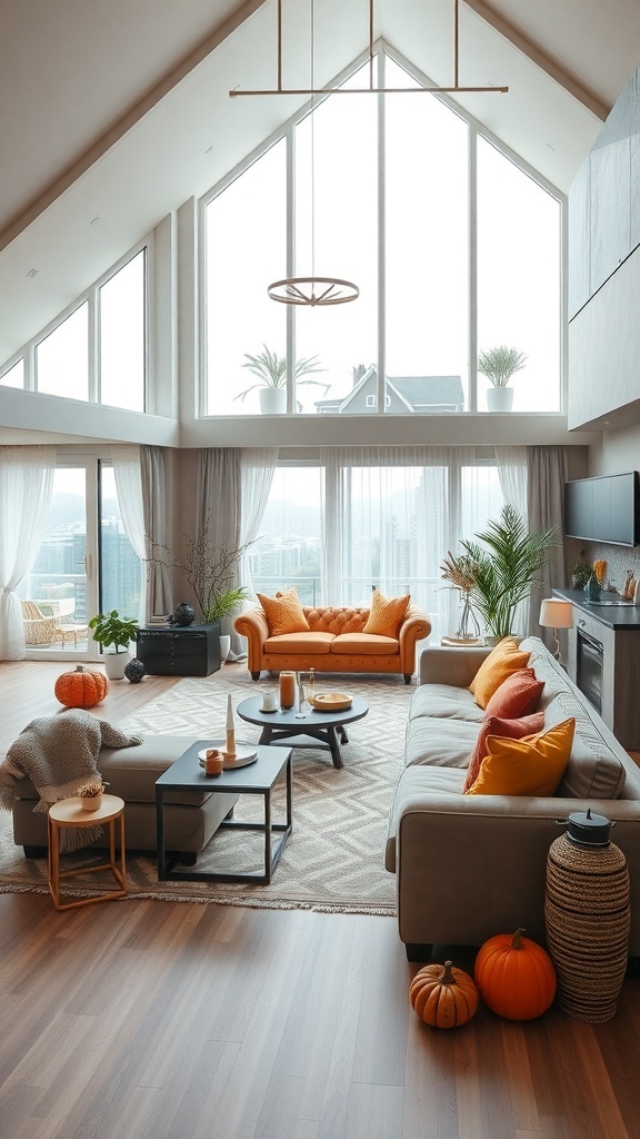Heller, offener Wohnraum mit großen Fenstern, gemütlicher Einrichtung und herbstlichen Akzenten in Orange.