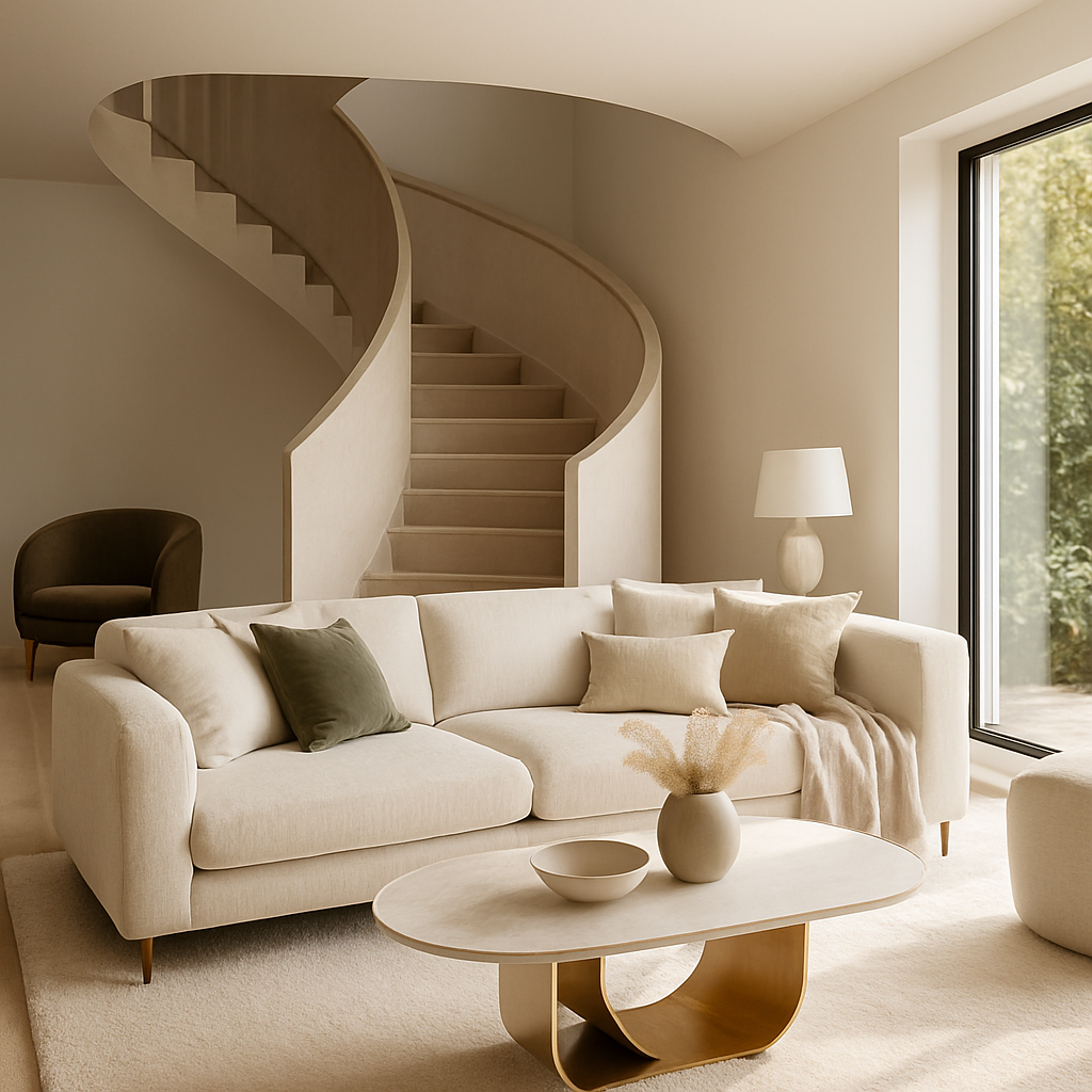 Ein modernes Wohnzimmer mit einem hellen Sofa, einem runden Couchtisch und einer geschwungenen Treppe im Hintergrund.