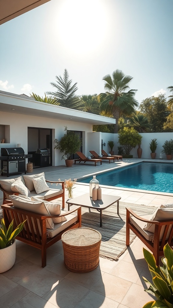 Ein einladender Außenbereich mit Holzstühlen, einem Tisch, einem Pool und grünen Pflanzen, ideal für gesellige Zusammenkünfte.