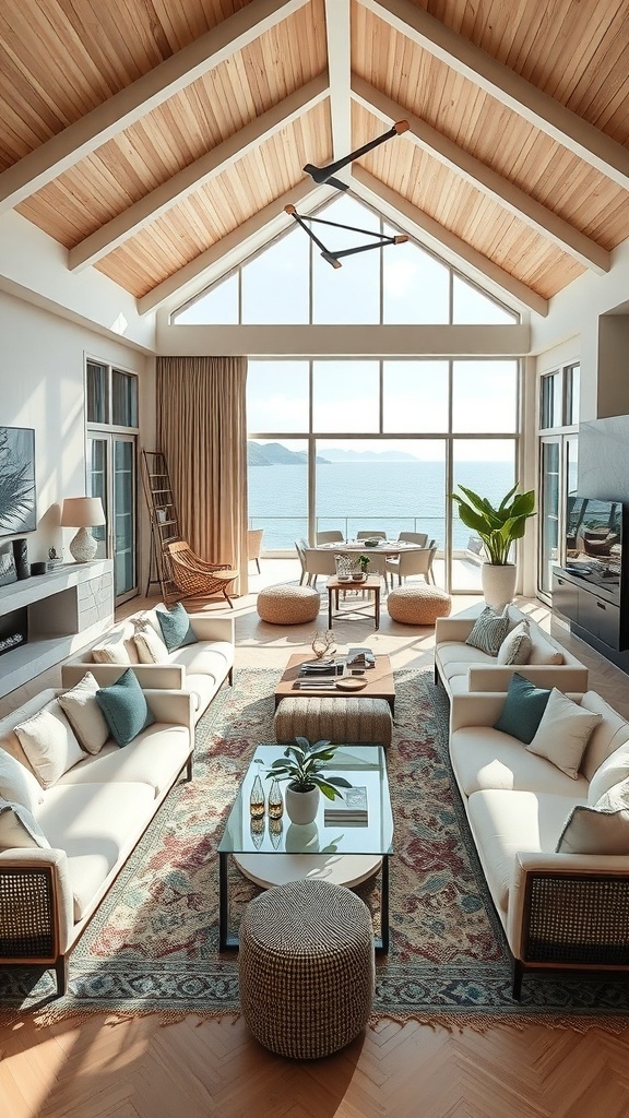 Modernes Wohnzimmer mit hohen Decken, großen Fenstern und gemütlicher Einrichtung
