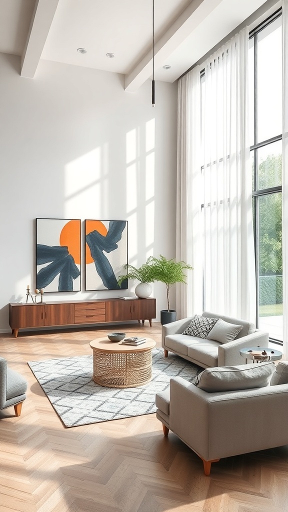 Offenes Wohnzimmer mit modernen Möbeln und Kunstwerken an der Wand