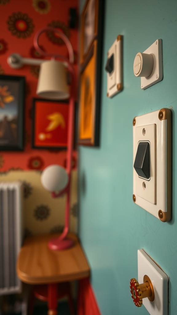 A close-up of vintage light switches and outlets on a colorful wall, showcasing a retro decor style.