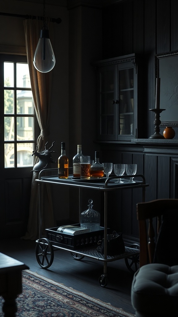 Old-fashioned whiskey bar cart with bottles and glasses in a dimly lit room.