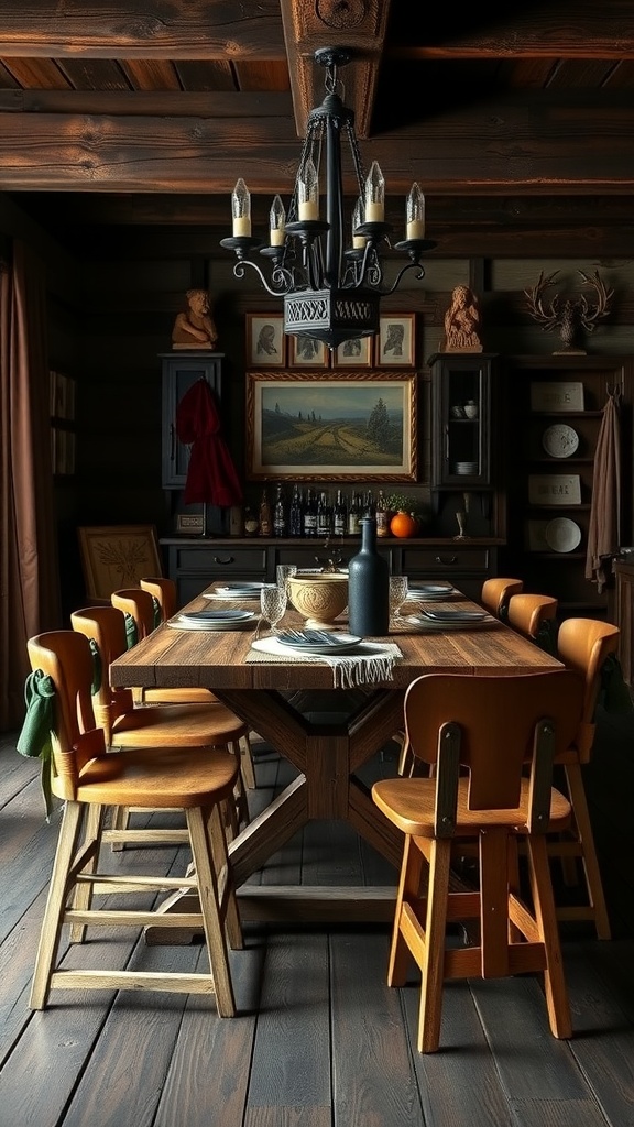 A rustic dining area featuring wooden saddle stools around a large table.