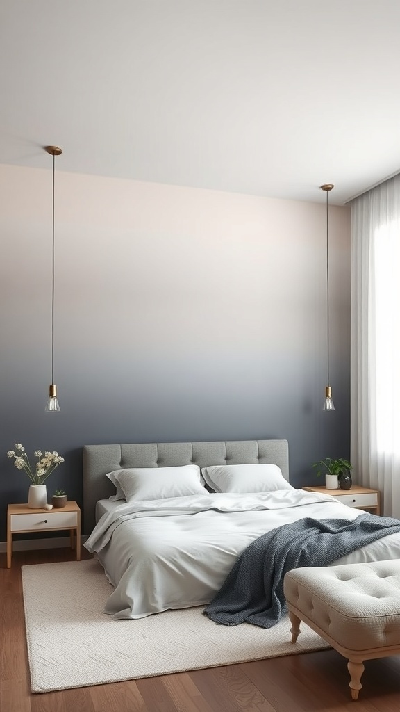 A modern bedroom with an ombre wall, transitioning from light to dark colors, featuring a cozy bed and minimalist decor.