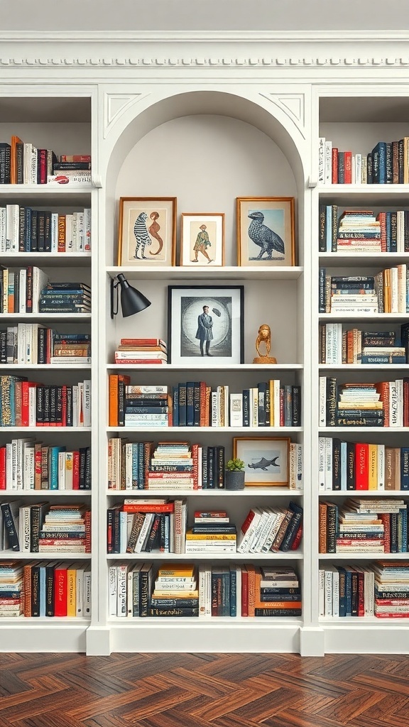 A stylish open-back bookshelf filled with books and decorative items, featuring a light wall behind it.
