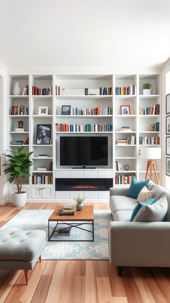 A modern living room featuring an open-back bookshelf filled with colorful books and decorative items.