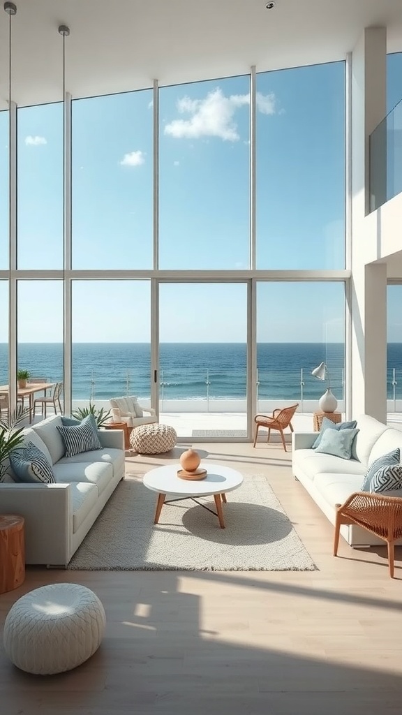 Bright open-concept living space with ocean view, featuring large windows and modern furniture.