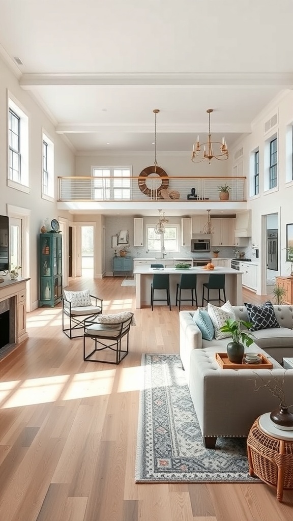 A bright and airy open-concept living space featuring a cozy sofa, modern kitchen, and stylish decor.