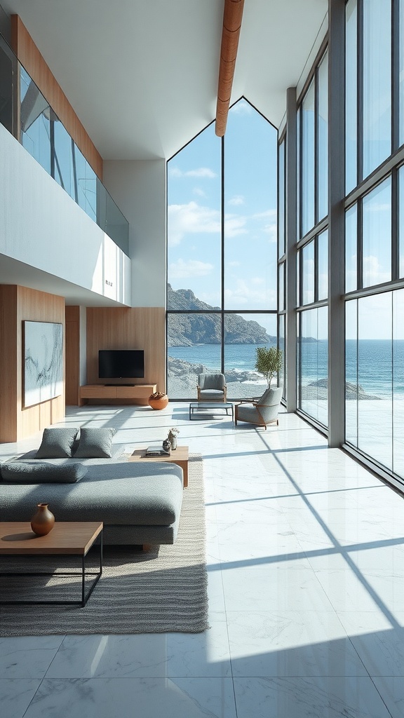 A modern open-concept living room with large windows overlooking the ocean, featuring a cozy sofa and wooden accents.