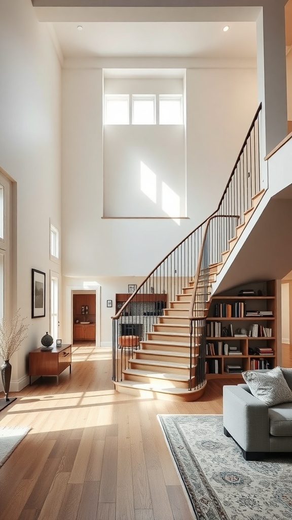 Open concept bookshelf staircase with natural light and wooden elements