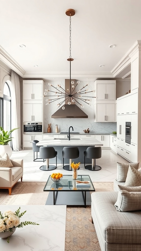 Open concept kitchen and living area with modern design elements