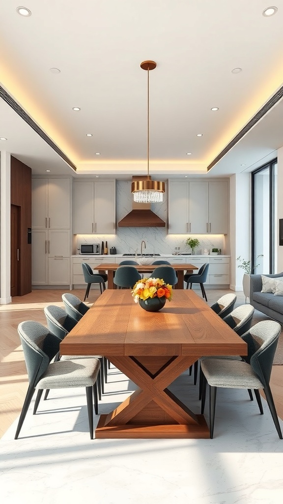 A modern open concept dining area featuring a wooden table, stylish chairs, and a bright atmosphere.