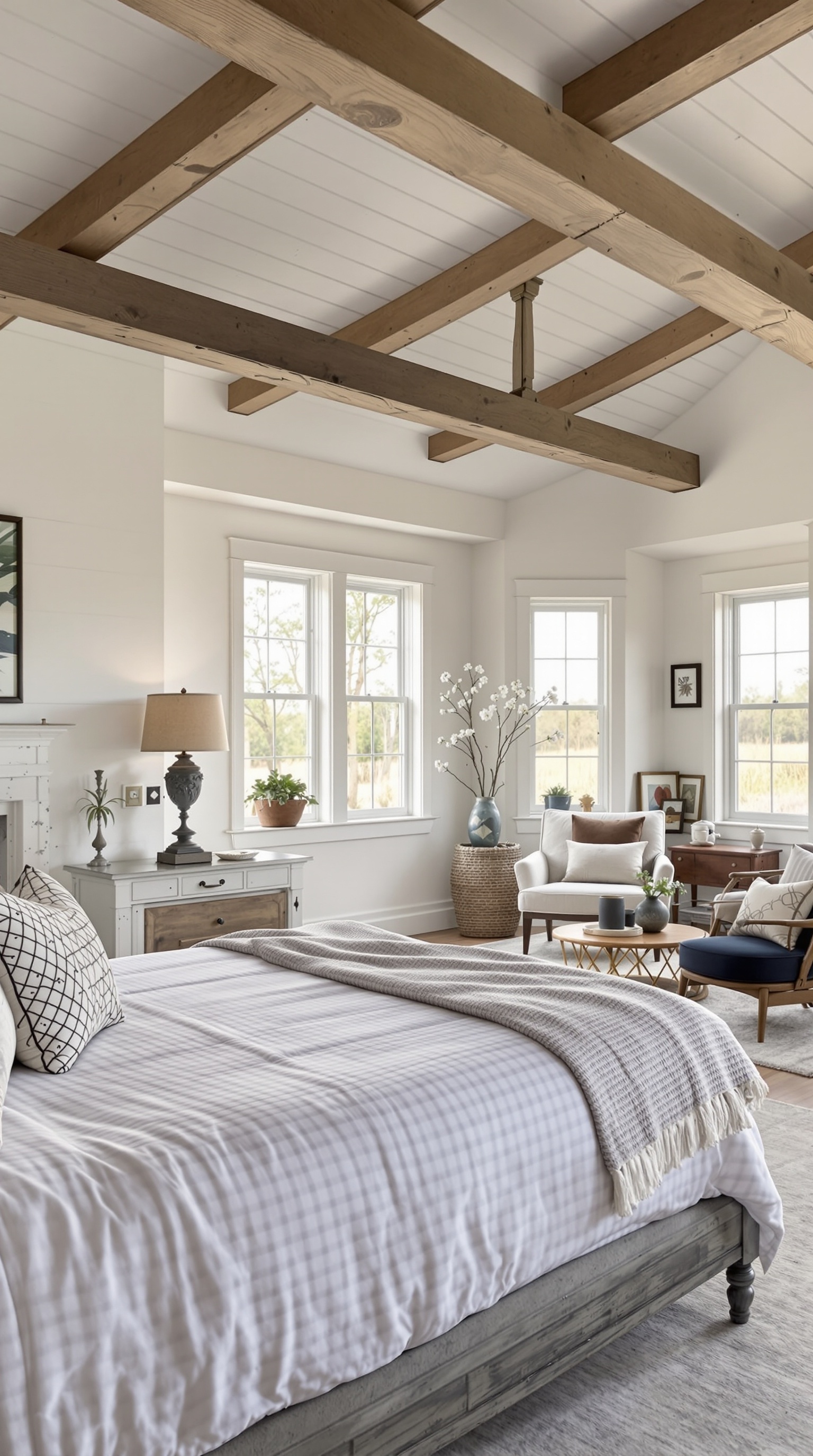 Cozy farmhouse bedroom with open concept layout featuring large windows, wooden furniture, and soft bedding.