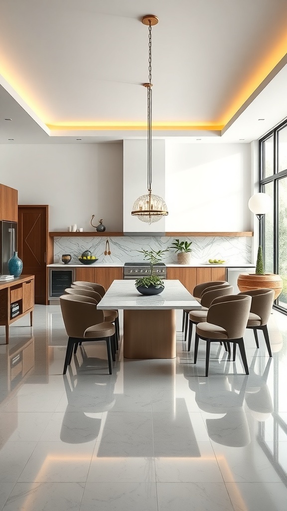 Modern open concept kitchen with a large dining table, sleek cabinetry, and natural light.