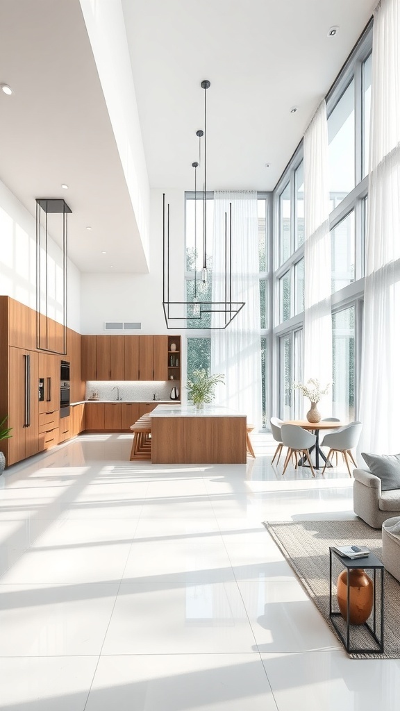 Modern open concept kitchen with large windows, wooden cabinetry, and a bright airy atmosphere