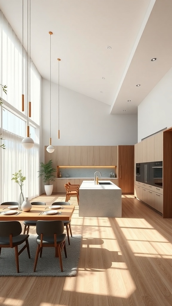 Modern luxury kitchen with open concept layout featuring high ceilings, large windows, and a stylish dining area.