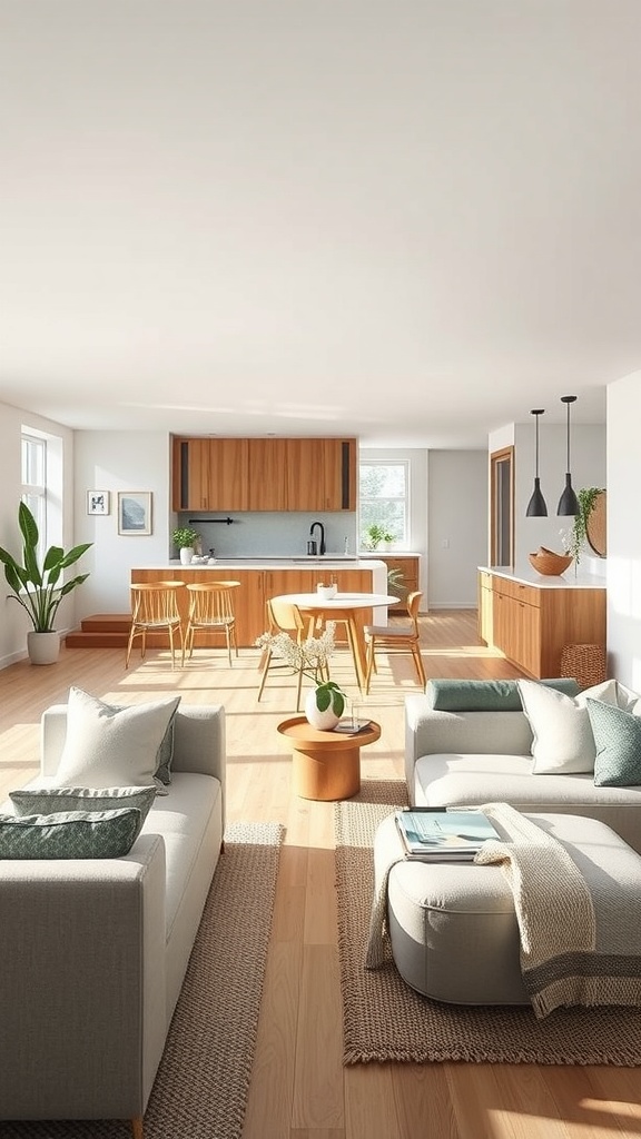 Chic Scandinavian open concept living area with modern furniture and natural light.