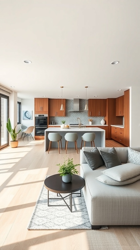 Open concept living space featuring a modern kitchen and cozy living area with natural light.