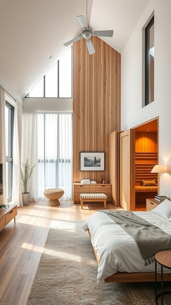 Open concept bedroom with a sauna, featuring large windows, wooden walls, and cozy decor.