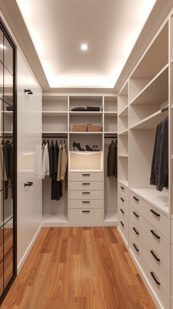 Open concept walk-in closet with white cabinetry and wooden flooring