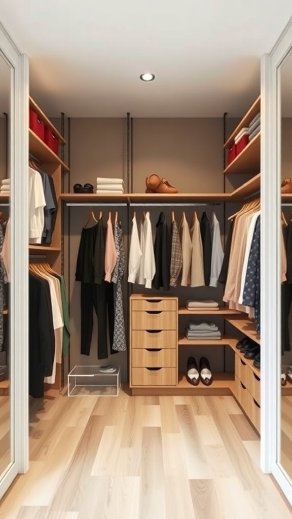 An organized open concept walk-in closet with wooden shelves and hanging clothes.