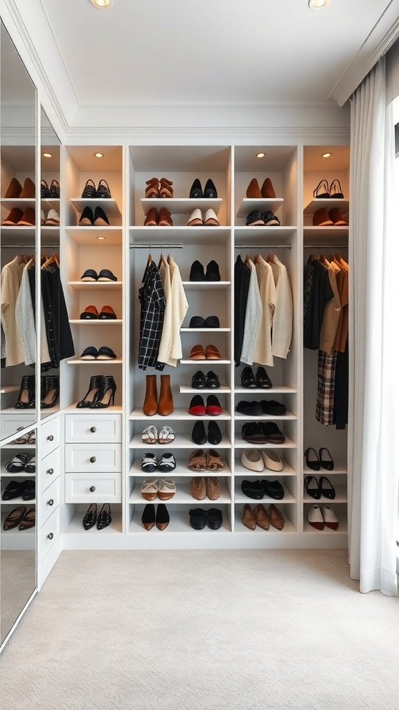 Open concept walk-in closet featuring a shoe carousel and organized clothing.