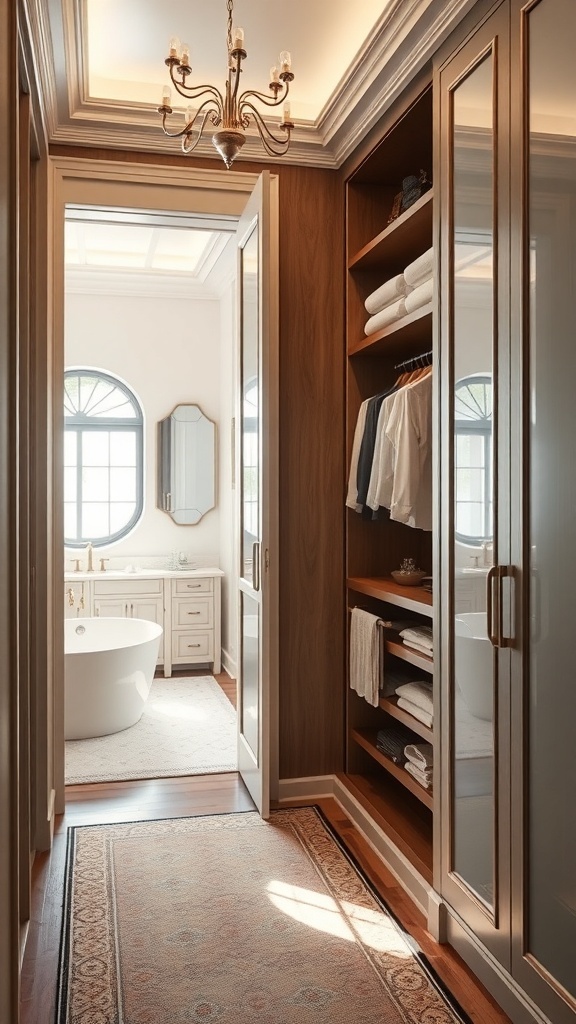 Open concept walk-through closet leading to a luxurious bathroom with a freestanding tub and elegant decor.