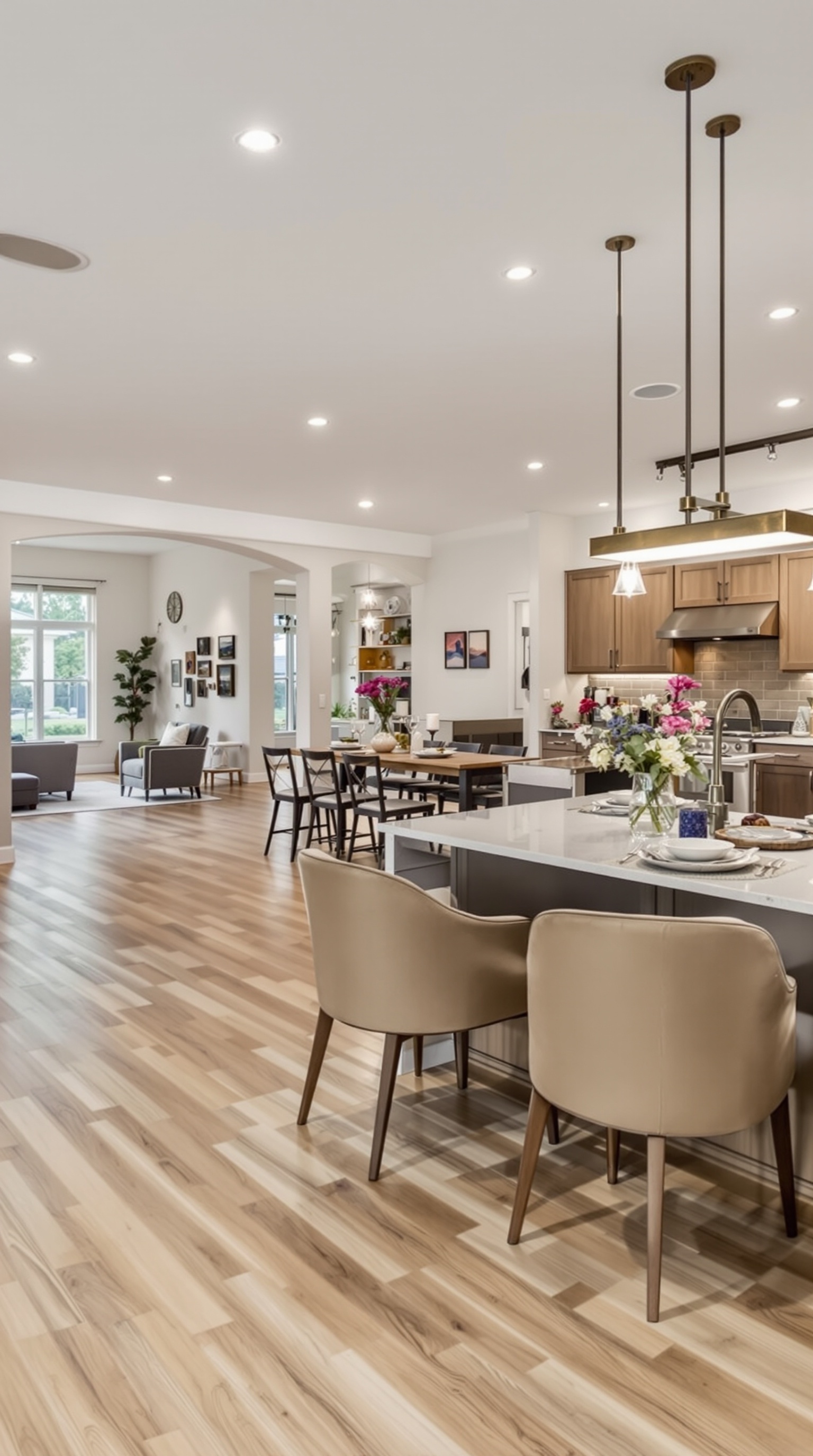 A spacious open floor plan living area with large windows overlooking the ocean, featuring minimalist furniture and warm wooden flooring.