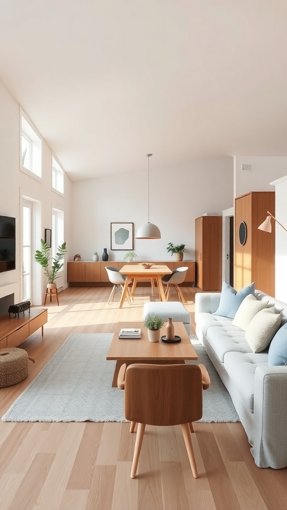 A bright and airy open floor plan featuring a living area with a sofa, coffee table, and dining space, all designed in a Scandinavian style.