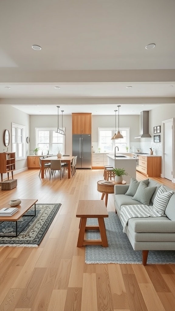 A modern Scandinavian open floor plan featuring a living area and kitchen with wooden floors and neutral decor.