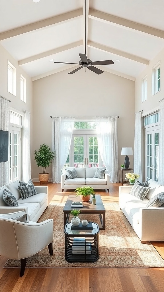 Bright and airy living room with open layout, featuring large windows, comfortable seating, and decorative plants.