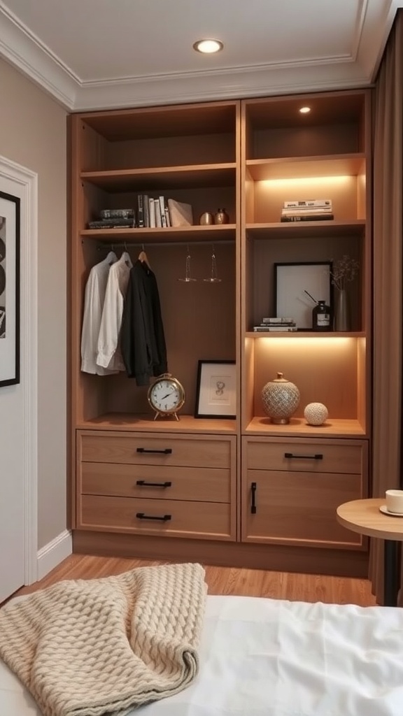Stylish open shelving in a small bedroom wardrobe with warm wood tones and soft lighting.