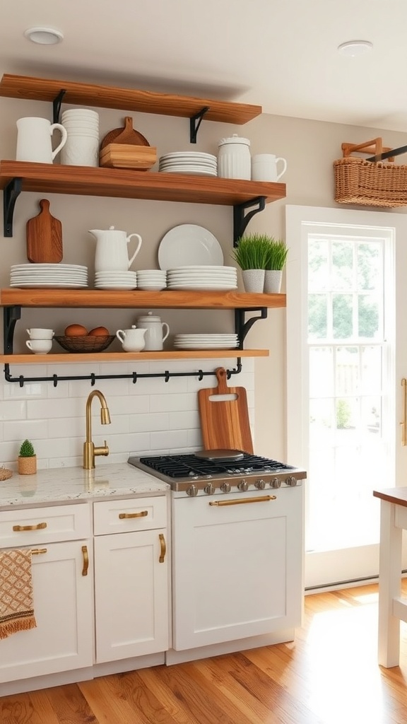 Open shelving in a modern kitchen displaying white dishware and wooden decor