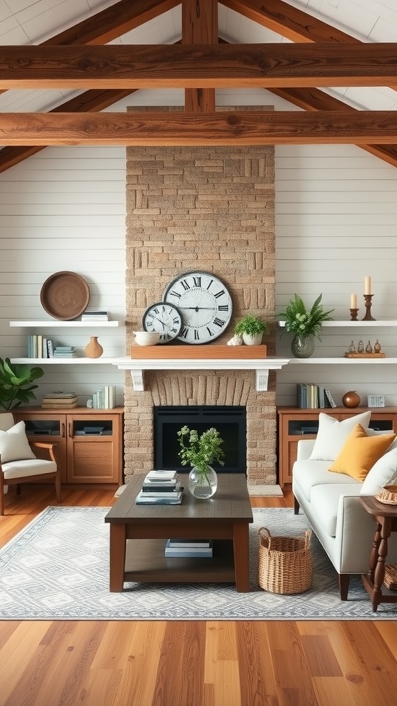 Cozy farmhouse living room with open shelving displaying books and plants.