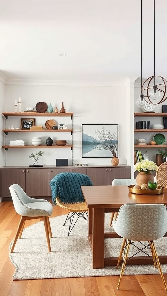A cozy dining area featuring open shelving with decorative items and a wooden dining table surrounded by stylish chairs.