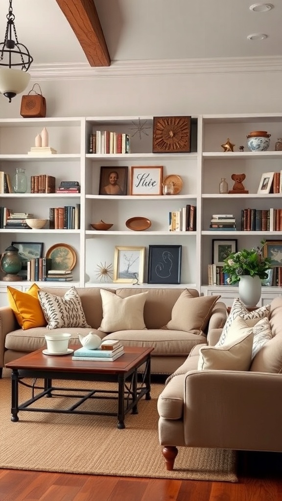 Cozy living room with open shelving displaying books and decorative items.