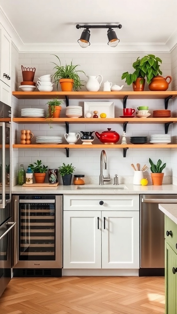 A stylish kitchen featuring open shelving with plates, pots, and plants.