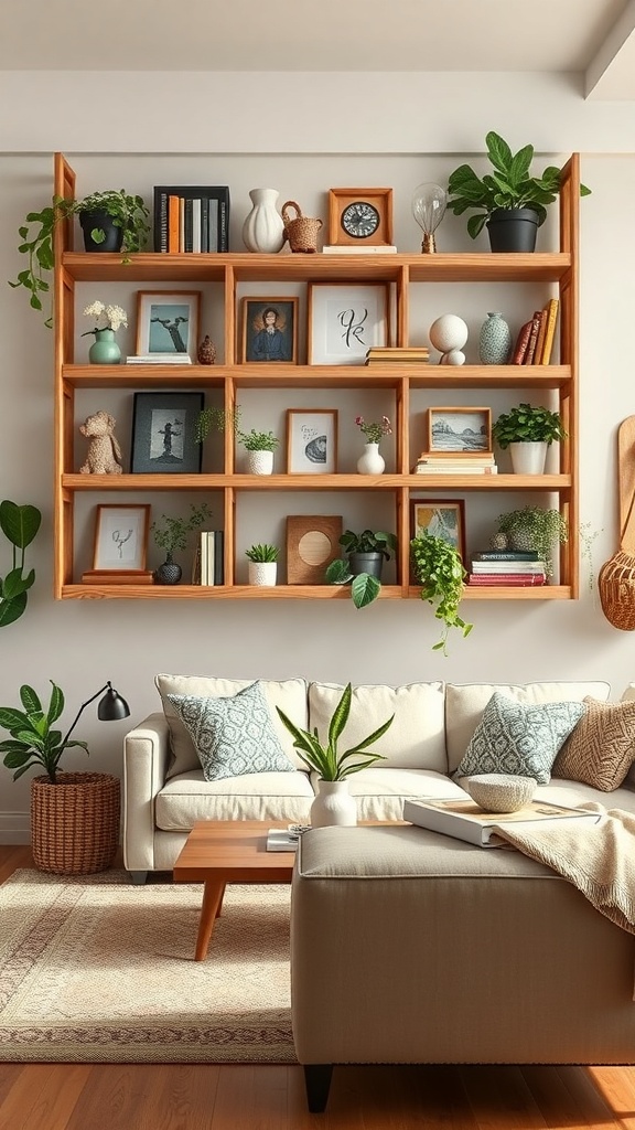 Cozy living room with open shelving displaying decor, plants, and books.