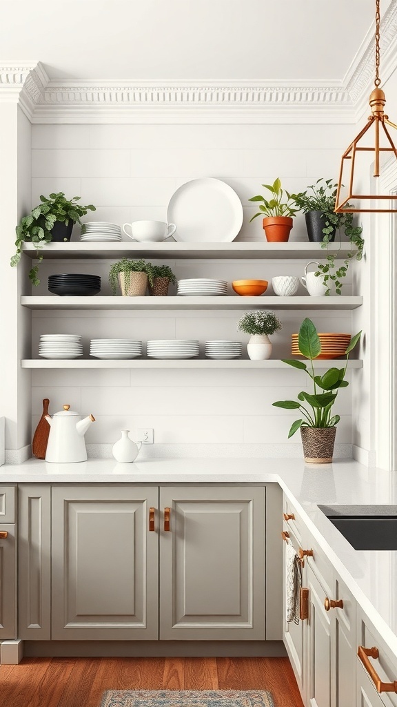 A bright kitchen featuring open shelving with plates, bowls, and plants.