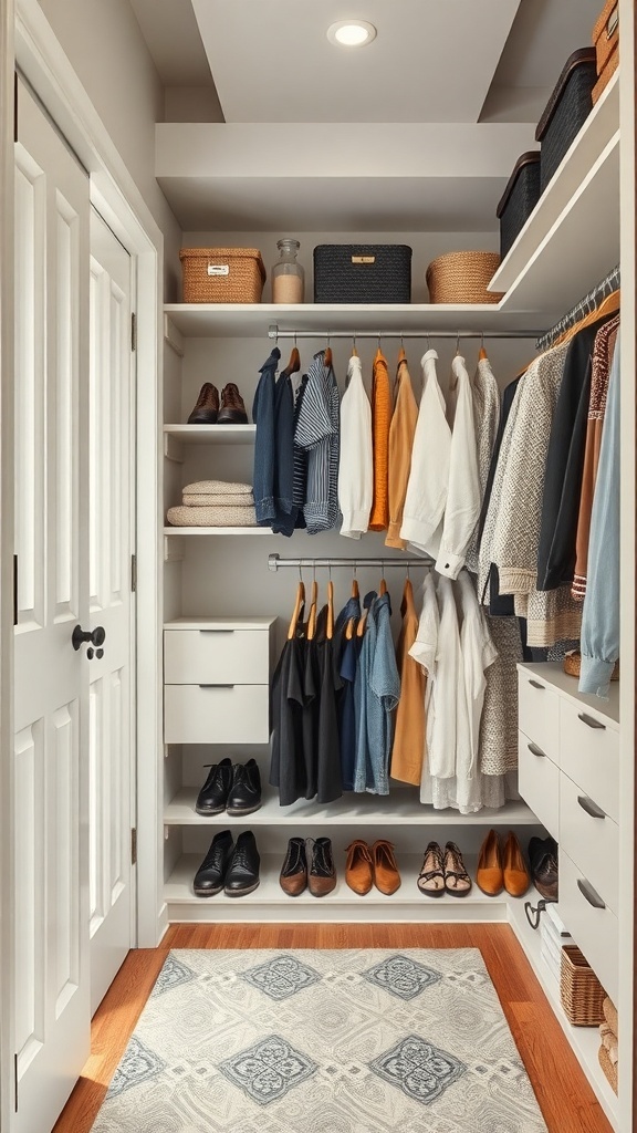 A well-organized walk-in closet with open shelving displaying clothes and shoes.