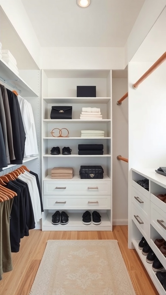 A minimalist walk-in closet featuring open shelving with neatly arranged clothes, shoes, and accessories.