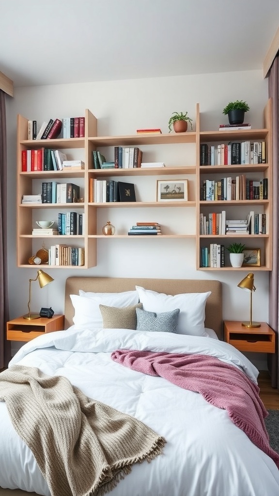 A cozy bedroom featuring open shelving above the bed filled with books and decorative items.